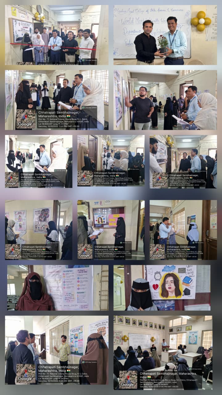  WORLD MENTAL HEALTH WEEK – 2026  ? POSTER PRESENTATION COMPETITION  ? Date: 10 October 2026 ? Venue: Department of Psychology ? Total Participation: 43 Students  The Poster Presentation Competition was organized to promote creativity, psychological awareness, and innovative communication of mental health concepts.  ? WINNERS’ LIST  ? 1. Handmade & Creative Poster  1. First Prize: Khan Tahreem (B.Ed.) 2. Second Prize: Durani Batul (Class XI) 3. Third Prize: Almeera Tasneem (Class XII)  ?️ 2. Banner Poster  1. First Prize: Naik Mohammad (B.A. T.Y.) 2. Second Prize: Rahila Khan (B.A. T.Y.) 3. Third Prize: Saba Firdaus (B.A. F.Y.)  ? 3. AI Digital Poster  1. First Prize: Iqbal Deshmukh (B.A. S.Y.) 2. Second Prize: Sk. Sakra (Class XI Arts) 3. Third Prize: Saniya Deshmukh (B.A. F.Y.)  Judges  - Dr.Dr. Santosh Saudekar - Mrs. Sabeeya Pathan - Dr. Rubina Siddiqui  Guest Speaker Dr. Santosh Saudekar Professor, PSYCHOLOGY ,Government College (selected through MPSC)  The competition provided an opportunity for 43 students to showcase their creativity, digital skills, and understanding of mental health.  Under the Guidance of: Capt. Dr. Maqdoom Farooqui Principal  Programme Coordinators: Dr. Azhar Patel & Mrs. Sabeeya Pathan  Organizing Committee: B.A. Psychology Students  Department of Psychology Maulana Azad College of Arts, Science & Commerce