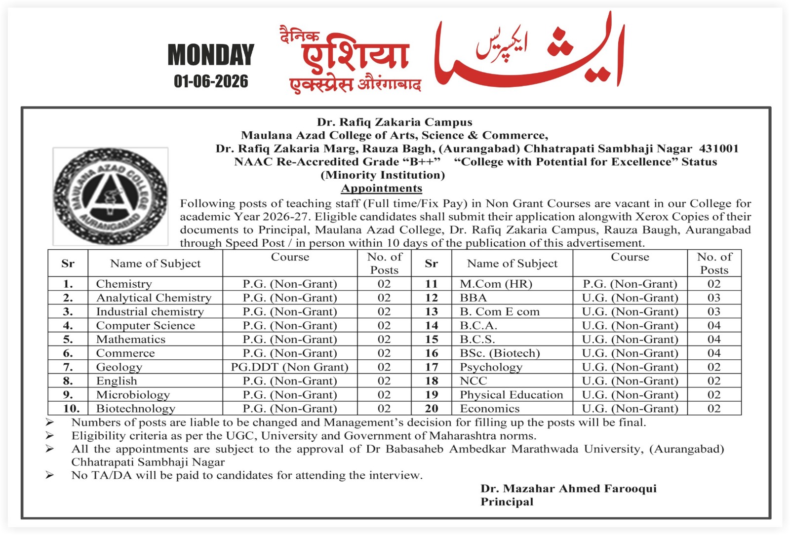 Advertisement of Appointment UG and PG