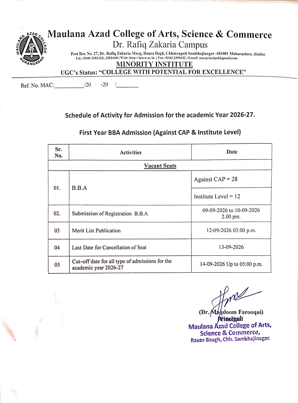Admission Notification of BBA BCA 2026-27