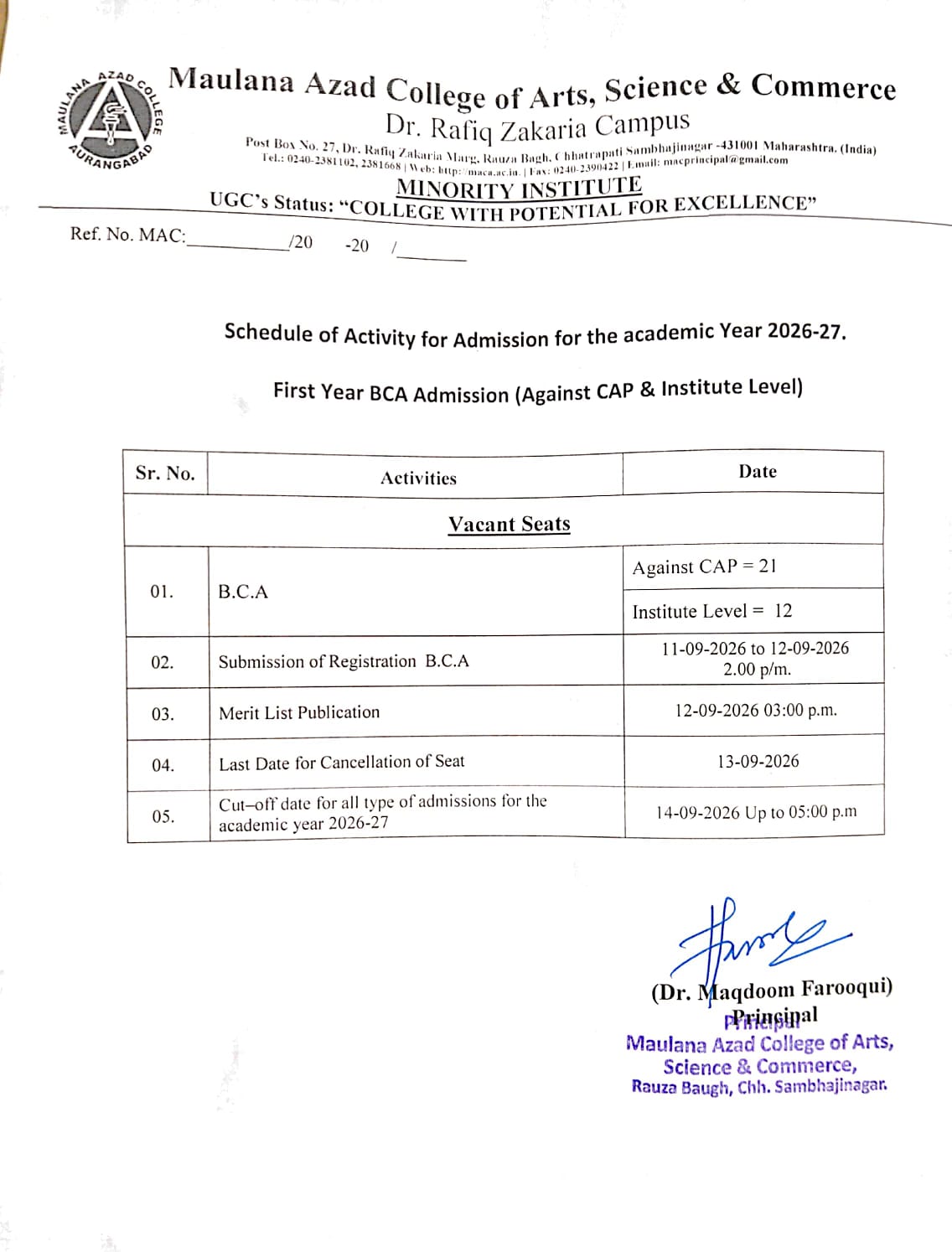 First Year BCA Addmission Institute  Level against CAP and 