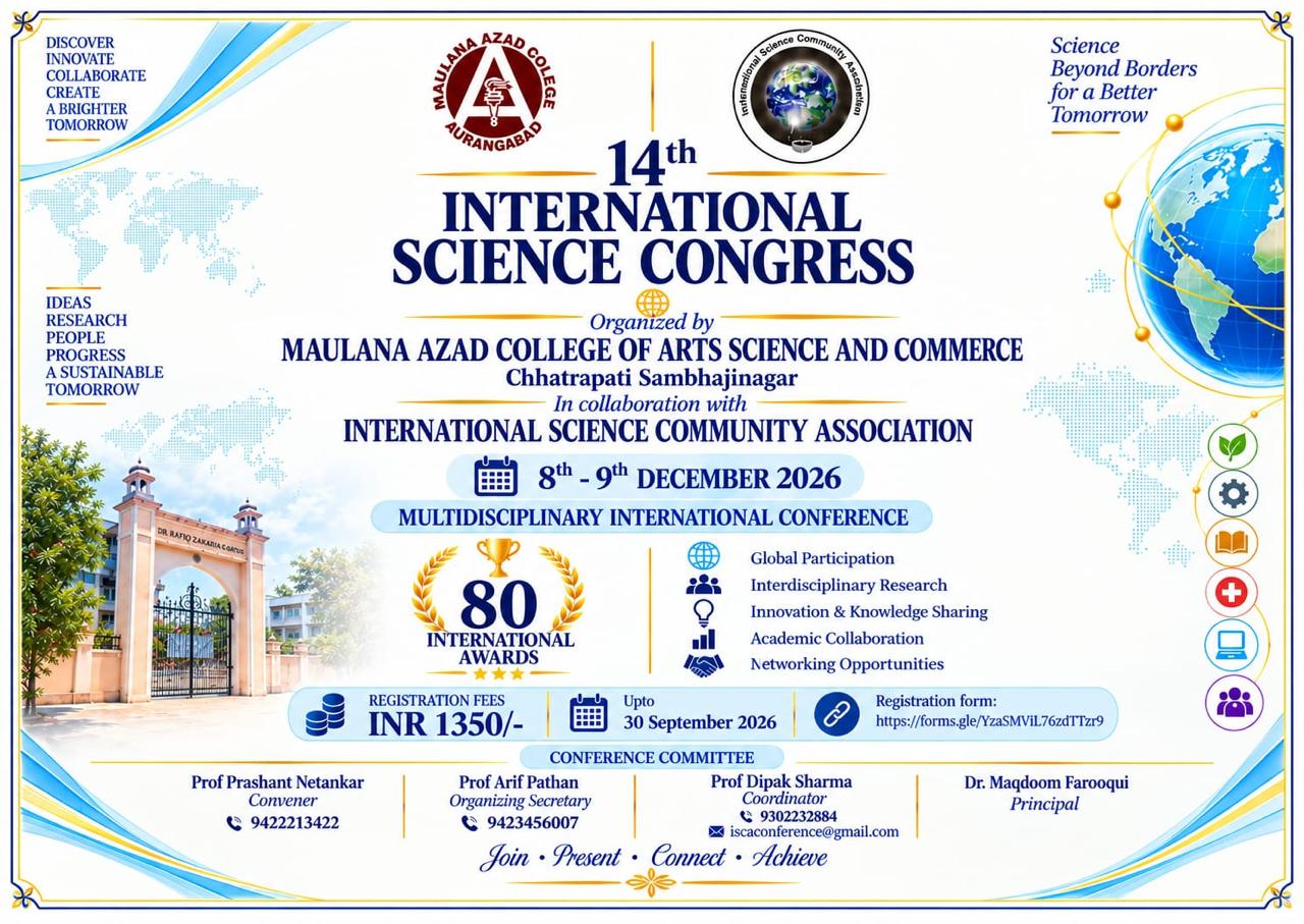 14th International Science Congress  Date 08 & 09 December 2026. Registration form: https://forms.gle/YzaSMViL76zdTTzr9 Prof Prashant Netankar Convener  9422213422